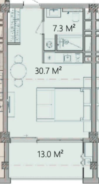 51 kvm, 1 otaqlı studio