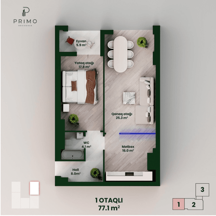 77.1 kvm, 2 otaqlı mənzil