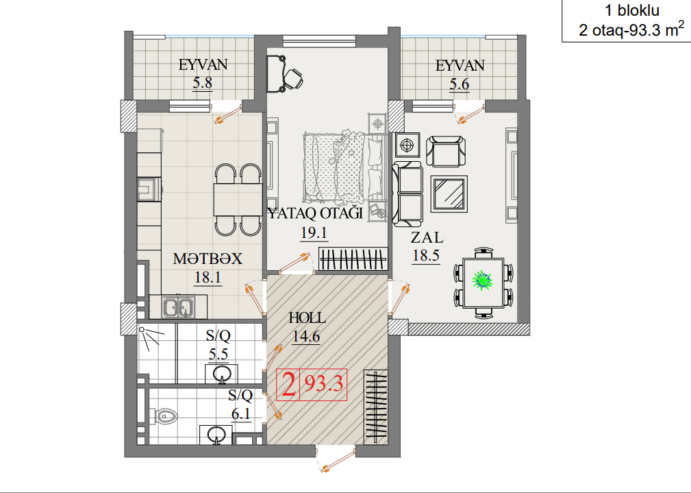 93.3 kvm, 2 otaqlı mənzil - birbloklu bina