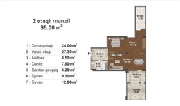 95 kvm, 2 otaqlı mənzil