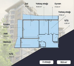 153 kvm, 3 otaqlı mənzil