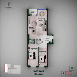 135 kvm, 3 otaqlı mənzil