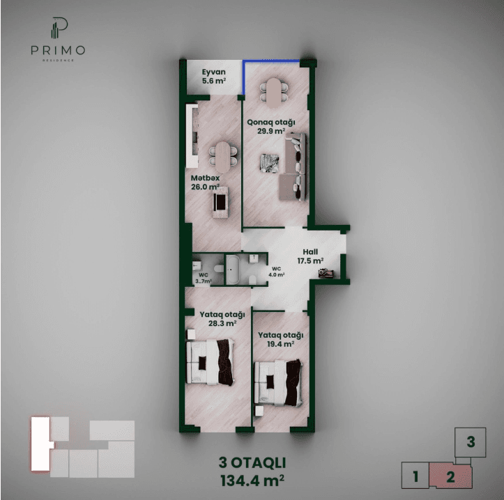 135 kvm, 3 otaqlı mənzil
