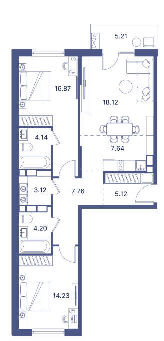 3-комнатная квартира, 103.19 кв.м. — Port d`Azur Dom 1