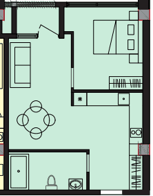 56.5 kvm, 2 otaqlı studio mənzil