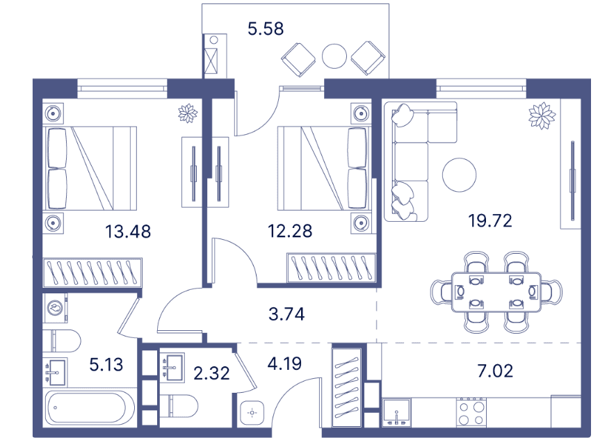 3-комнатная квартира, площадь 84,41 кв.м.