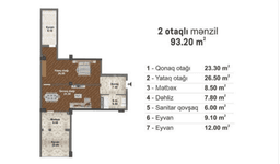 93.2 kvm, 2 otaqlı mənzil