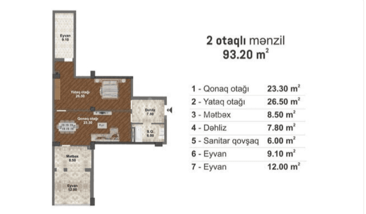 93.2 kvm, 2 otaqlı mənzil