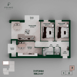 106.3 kvm, 3 otaqlı mənzil