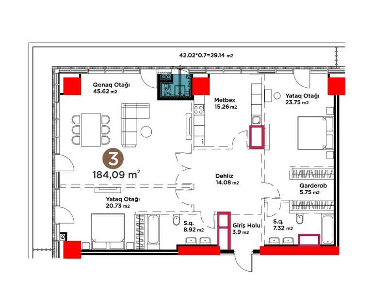 184.09 kvm, 3 otaqlı mənzil