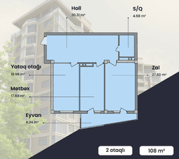 108 kvm, 2 otaqlı mənzil