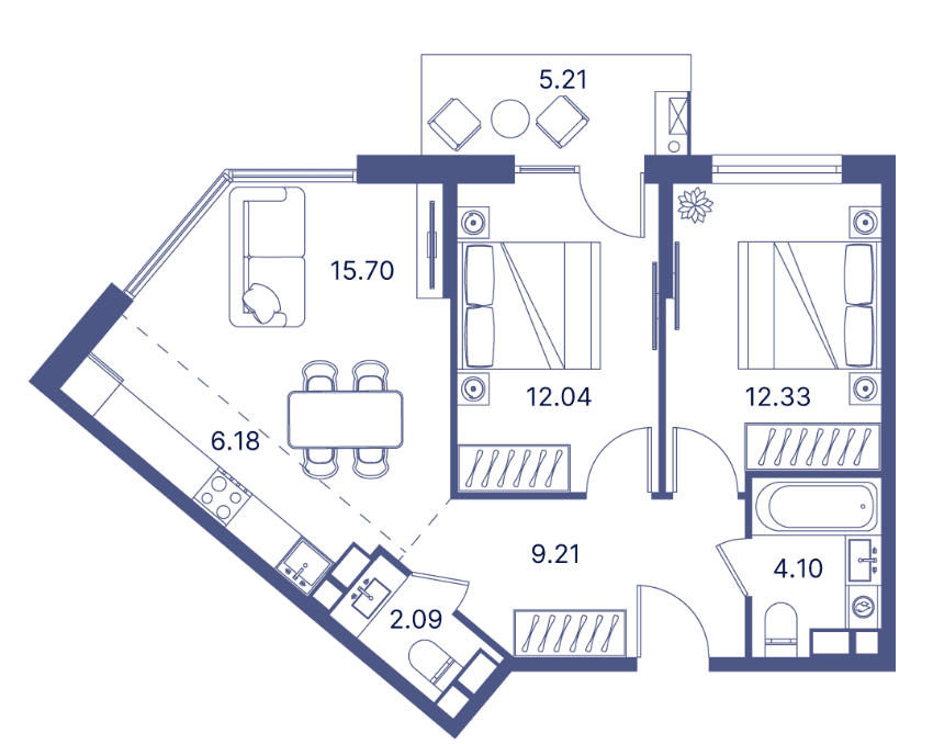 3-комнатная квартира, 77.31 кв.м.
