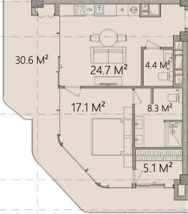 90.2 kvm, 2 otaqlı studio mənzil