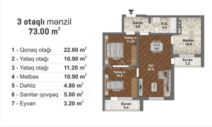 73 kvm, 3 otaqlı mənzil