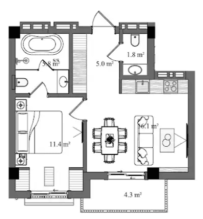 53.9 kvm, 2 otaqlı studio mənzil