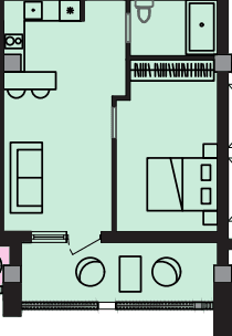 57.5 kvm, 2 otaqlı studio mənzil