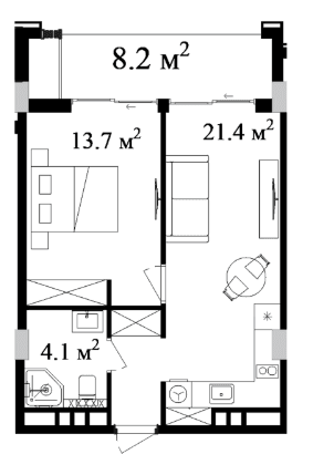 57.57 кв.м, 2-комнатная квартира