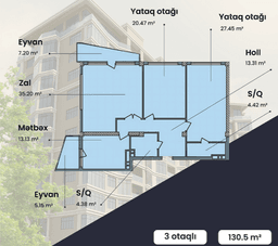 130.5 kvm, 3 otaqlı mənzil