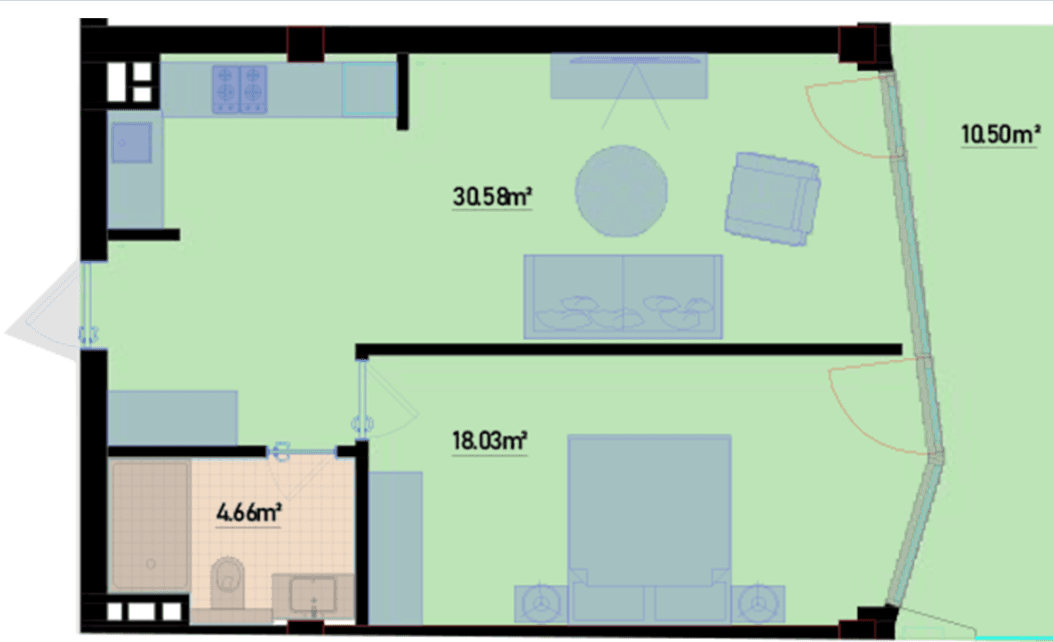 72.09 kvm, 2 otaqlı mənzil