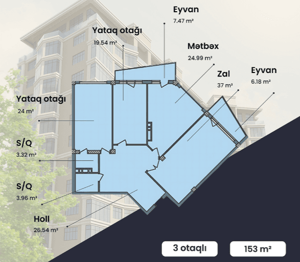 153 kvm, 3 otaqlı mənzil
