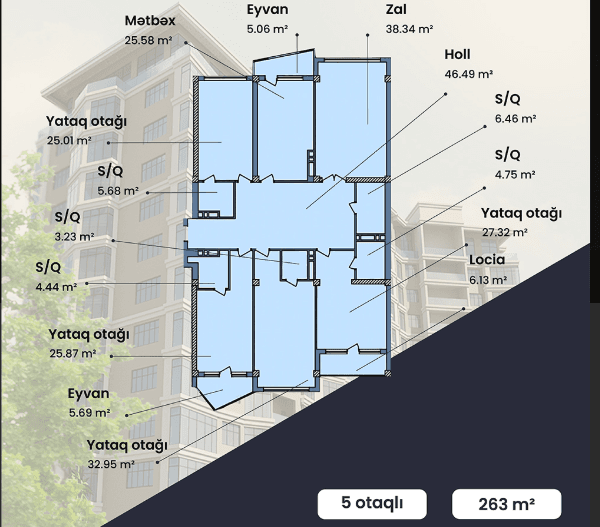 263 kvm, 5 otaqlı mənzil