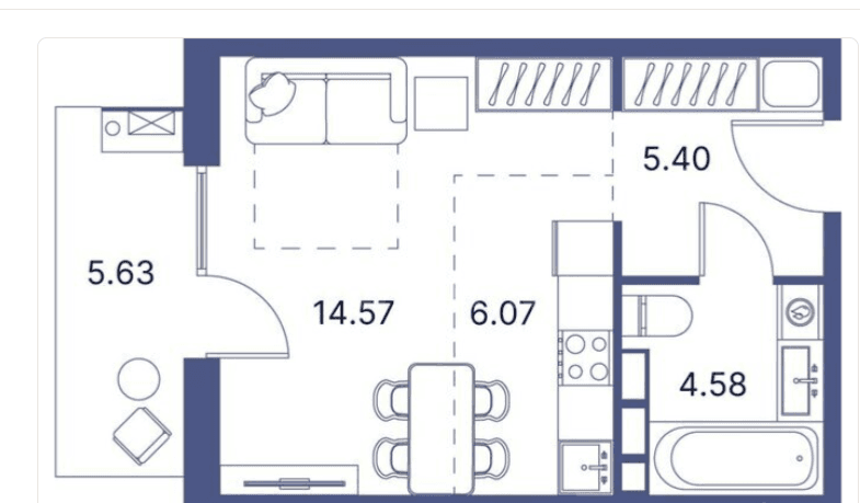 43.47 kvm, 1 otaqlı studio mənzil