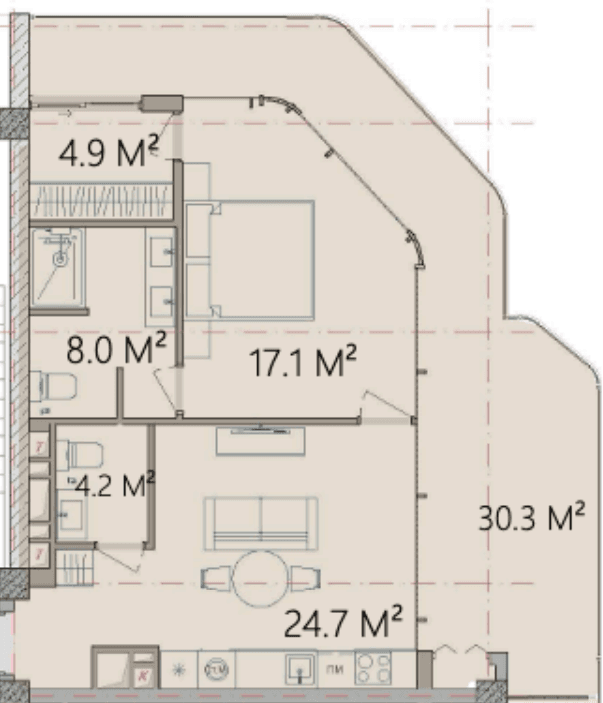 89.2 kvm, 2 otaqlı studio mənzil
