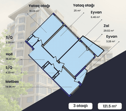 121.5 kvm, 3 otaqlı mənzil
