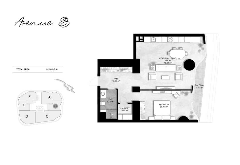91.5 kvm, 2 otaqlı mənzil