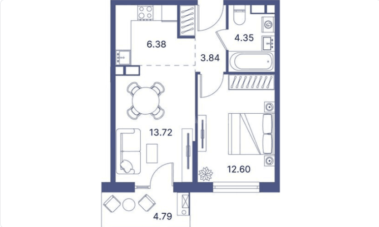 52.58 kvm, 1 otaqlı studio mənzil