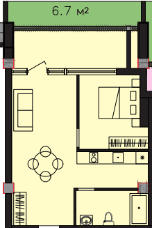67.1 kvm, 2 otaqlı studio mənzil
