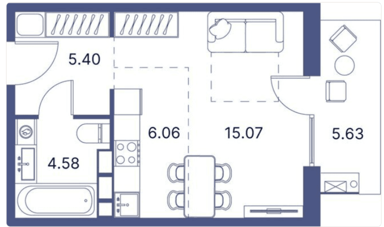42.16 kvm, 1 otaqlı studio mənzilce.